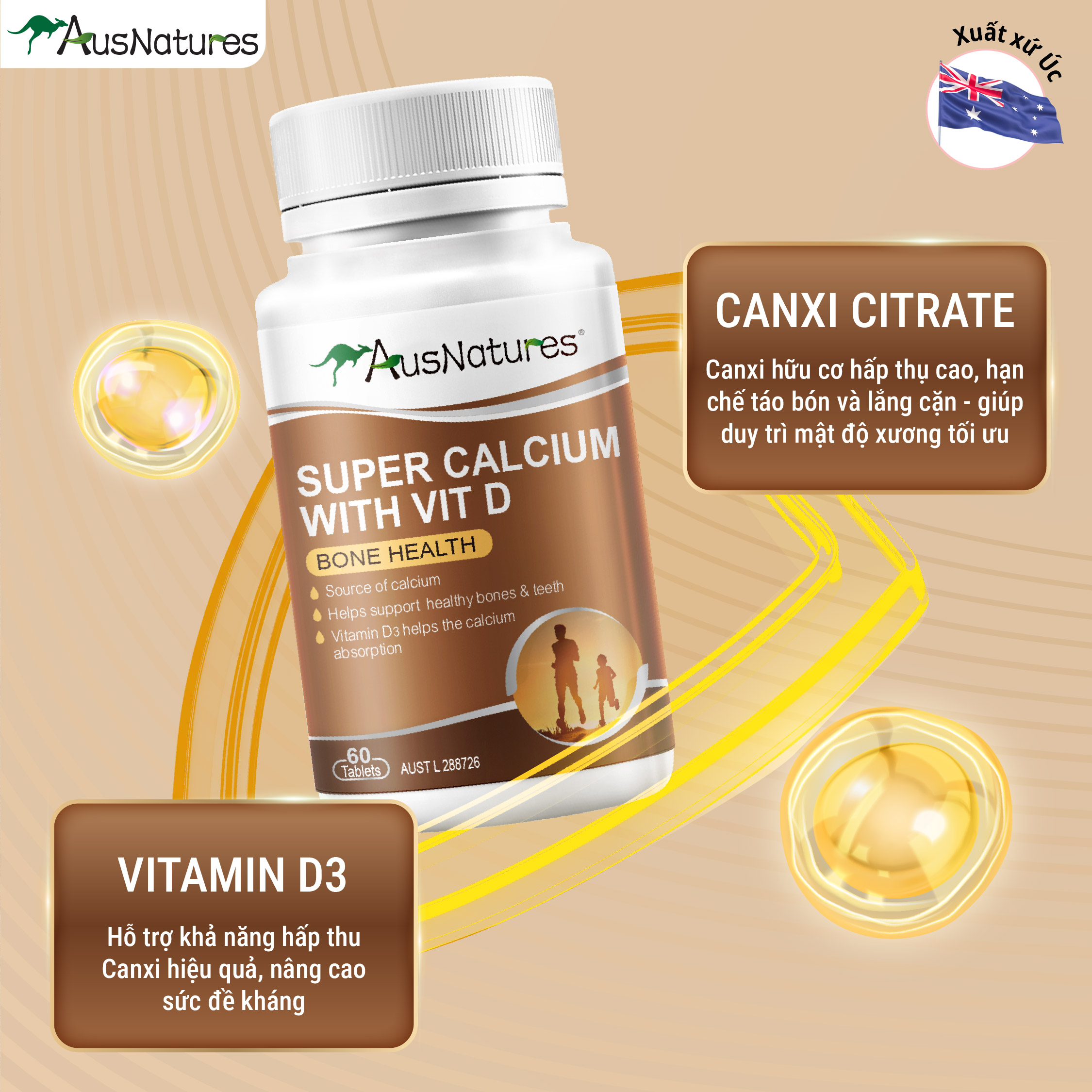 Viên uống Canxi Hữu Cơ & Vitamin D - AusNatures Super Calcium With Vit D - Hỗ trợ phát triển xương - Lọ 60 viên - Hình ảnh 2