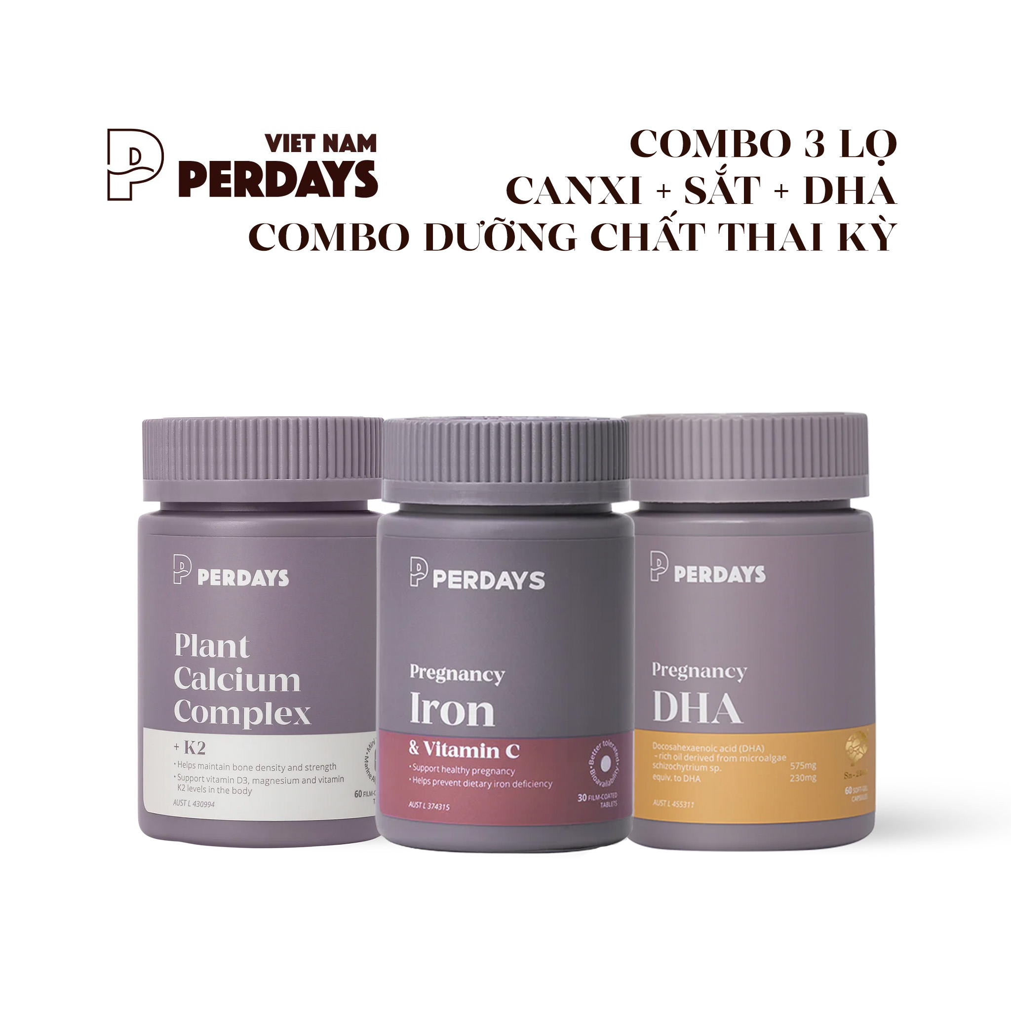 Combo Sắt + Canxi + DHA cho mẹ bầu - Bổ sung dưỡng chất hỗ trợ thai kỳ - COMBO 3 LỌ